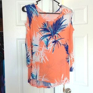 Cut out shoulder palm print tropical Florida Hawaii top